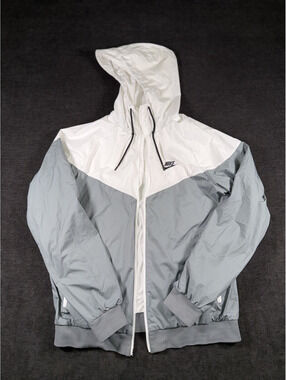Nike Men's Hooded Windbreaker Jacket Gray and White Size M